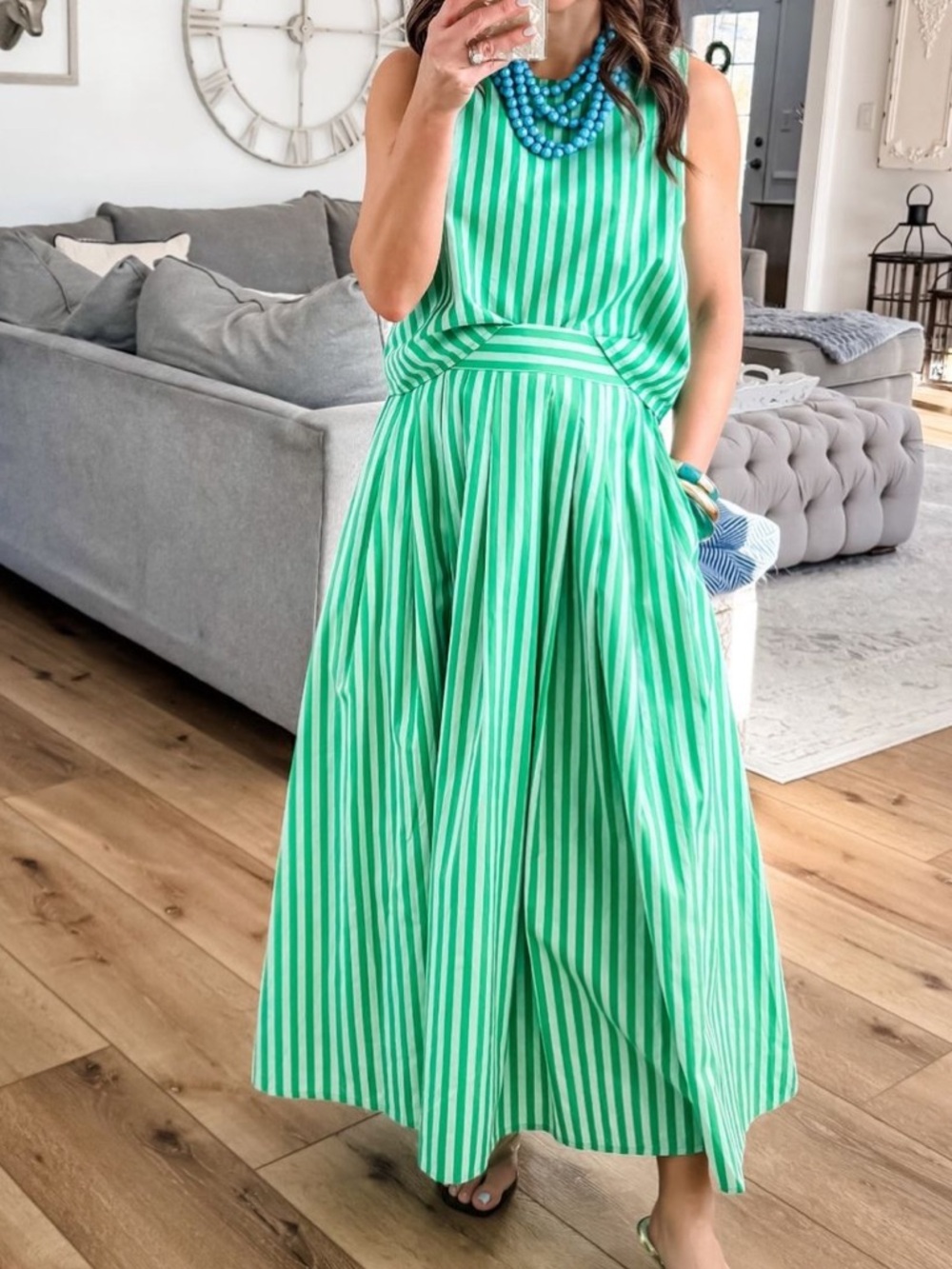 2 Piece set Green Striped Maxi Skirt and matching sleeveless top